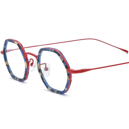 Retro Acetate Titanium Hexagon Optical Glasses - Red - MCROONS