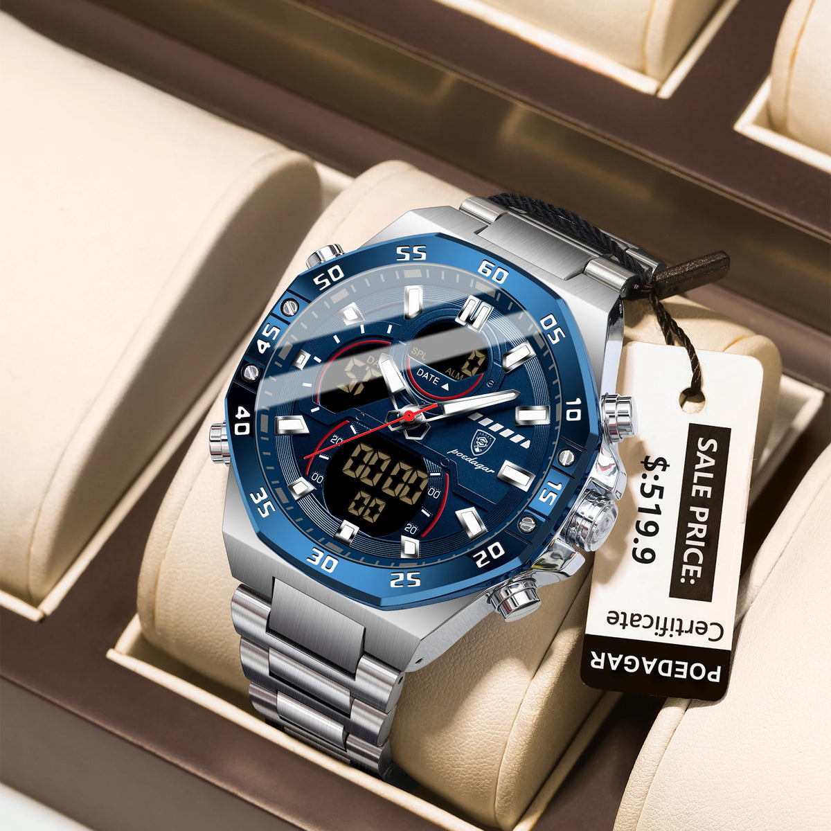 Poedagar E101 Men's Luxury Chronograph Quartz Watch – Stainless Steel Band, Waterproof, Luminous, Date