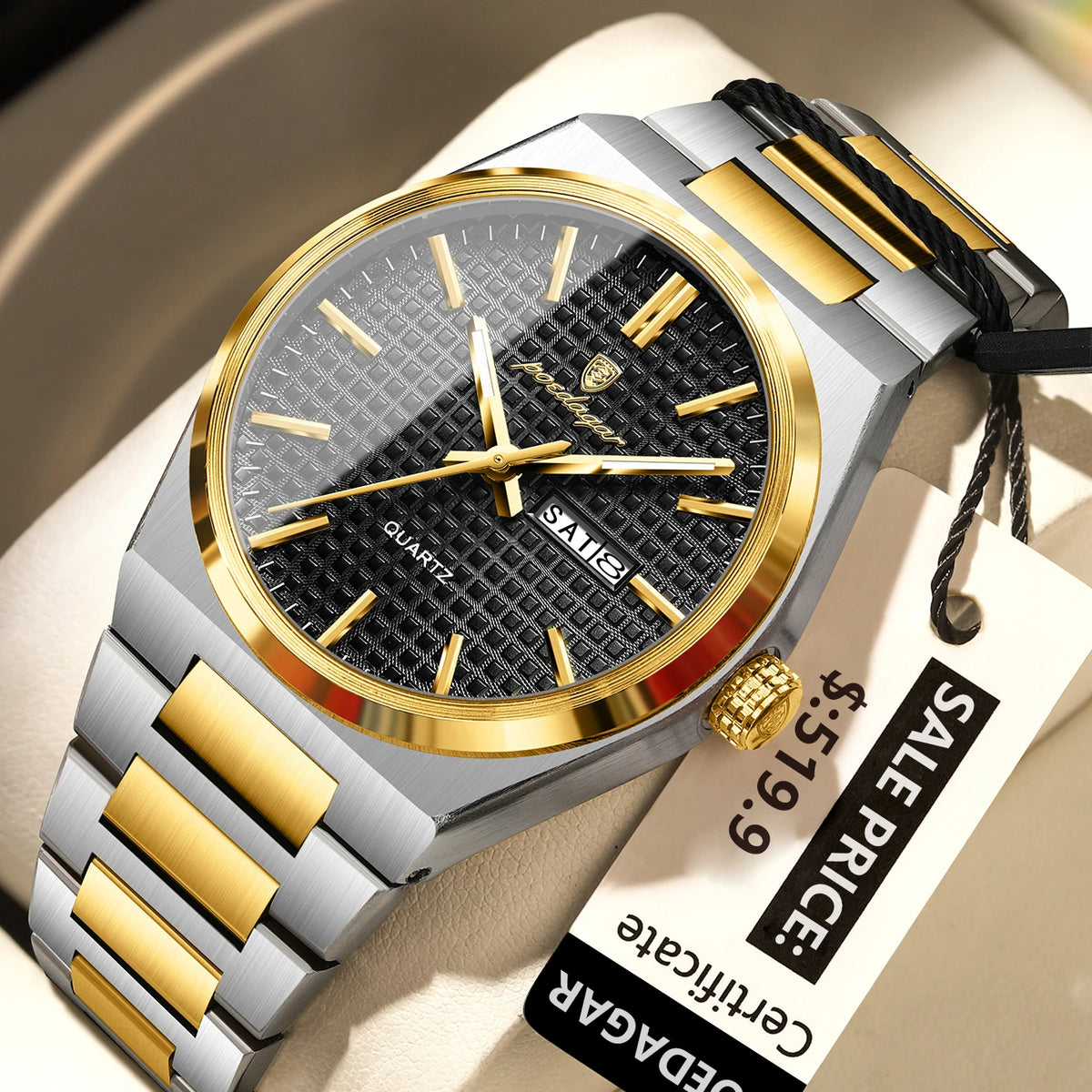 Poedagar 874 Men's Luxury Quartz Watch – Stainless Steel Band, Waterproof, Luminous, Date