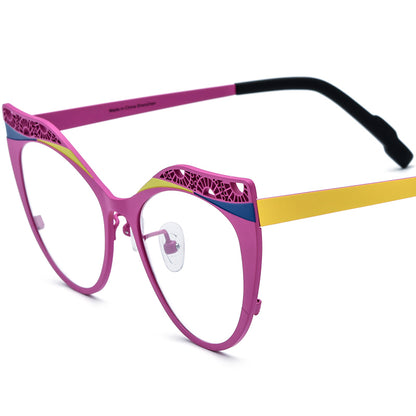 Matte Titanium Hollow-Out Cat Eye Optical Glasses Frame - Matte Pink Yellow - MCROONS
