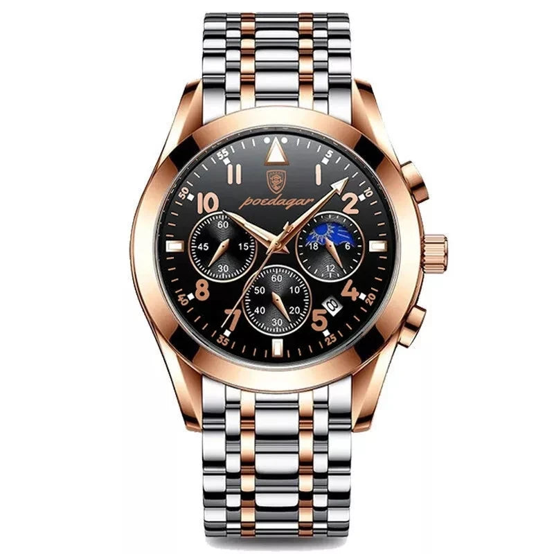 Poedagar 8168 Men's Luxury Quartz Watch – Stainless Steel Band, Waterproof, Luminous, Date