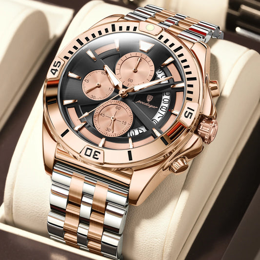 Poedagar 695 Men's Luxury Chronograph Quartz Watch – Stainless Steel Band, Waterproof, Luminous, Date