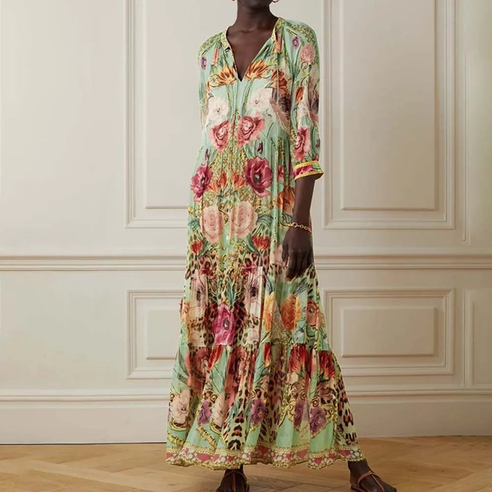 Women's Elegant Vintage Boho Embellished Silk Maxi Dress with Loose Print, Lace-Up V-Neck and Ruffle Detail