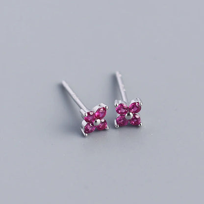 KR Simple Diamond S925 Silver INS Four Leaf Flower Earrings Sweet and Small Colorful Flower Earrings