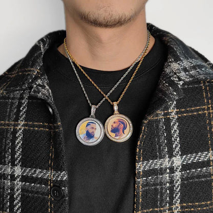 Hip Hop Jewelry CZ Custom Free Rope Chain round Picture Pendant Custom Baguette Diamond Photo Pendants