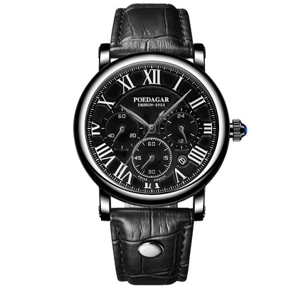 Poedagar 986 Men's Luxury Chronograph Quartz Watch – Leather Strap, Waterproof, Date