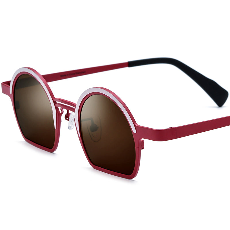 Colourful Titanium Half-Rim Round Sunglasses - Grey Red Brown Lens - MCROONS