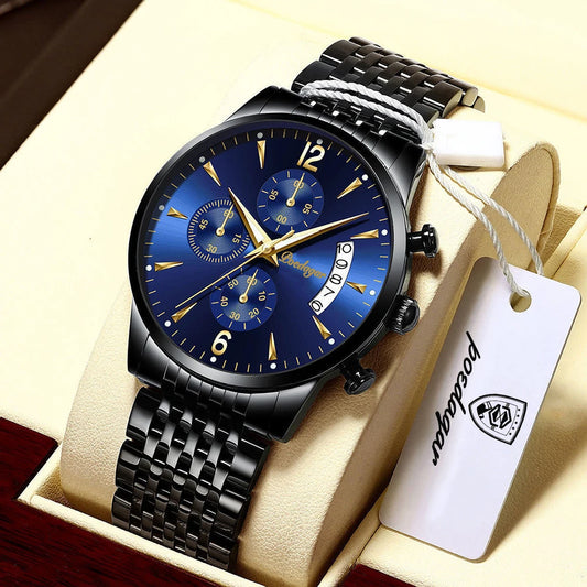 Poedagar 814 Men's Luxury Chronograph Quartz Watch – Leather Strap, Waterproof, Luminous, Date