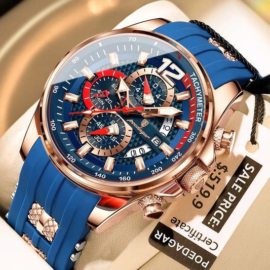 Poedagar 898 Men's Luxury Chronograph Quartz Watch – Silicone Strap, Waterproof, Luminous, Date