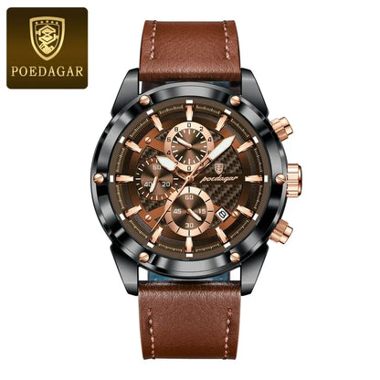 Poedagar 860 Men's Luxury Chronograph Quartz Watch – Leather Strap, Waterproof, Luminous, Date