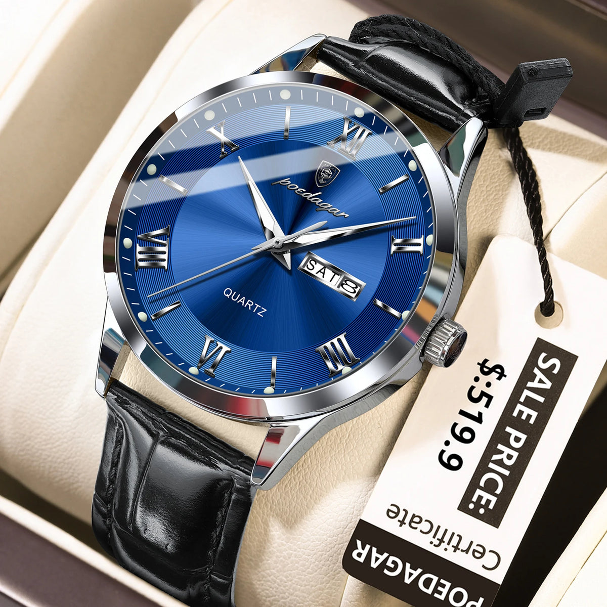 Poedagar 978 Men's Luxury Quartz Watch – Leather Strap, Waterproof, Luminous, Date