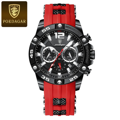 Poedagar 912 Men's Luxury Chronograph Quartz Watch – Silicone Strap, Waterproof, Luminous, Date
