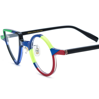 Vintage Colourblock Round Acetate Optical Glasses Frame - Blue - MCROONS