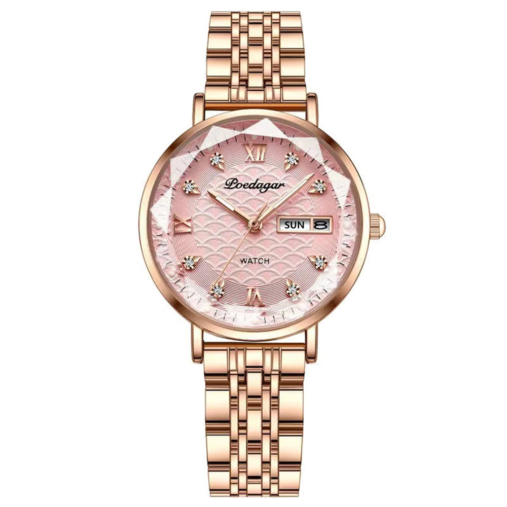 Poedagar 3011 Women's Luxury Quartz Watch – Stainless Steel Band, Waterproof, Luminous, Date