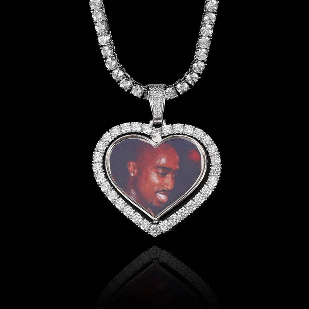 NUOYA Iced Out Diamond Memory Photo Pendant Hip Hop Jewelry Custom Rotating Heart Photo Pendant Picture Necklace