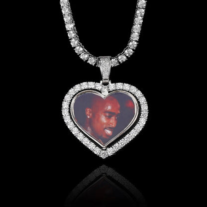 NUOYA Iced Out Diamond Memory Photo Pendant Hip Hop Jewelry Custom Rotating Heart Photo Pendant Picture Necklace