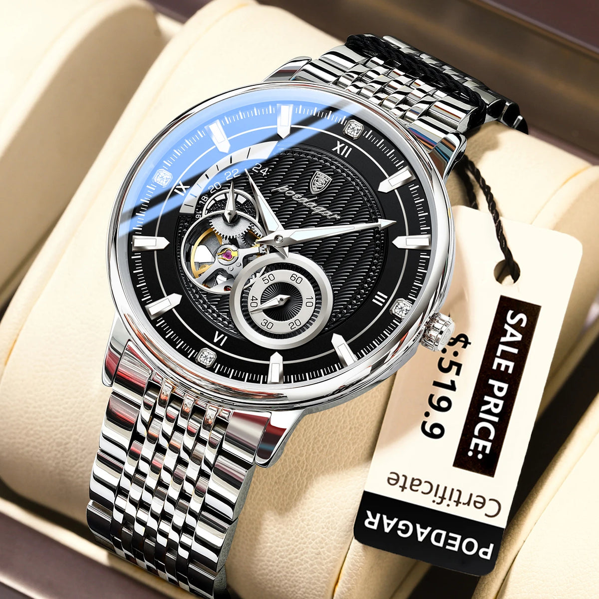 Poedagar 1416 Men's Luxury Automatic Mechanical Watch – Stainless Steel Band, Waterproof, Luminous
