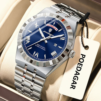 Poedagar 675 Men's Luxury Quartz Watch – Stainless Steel Band, Waterproof, Luminous, Date