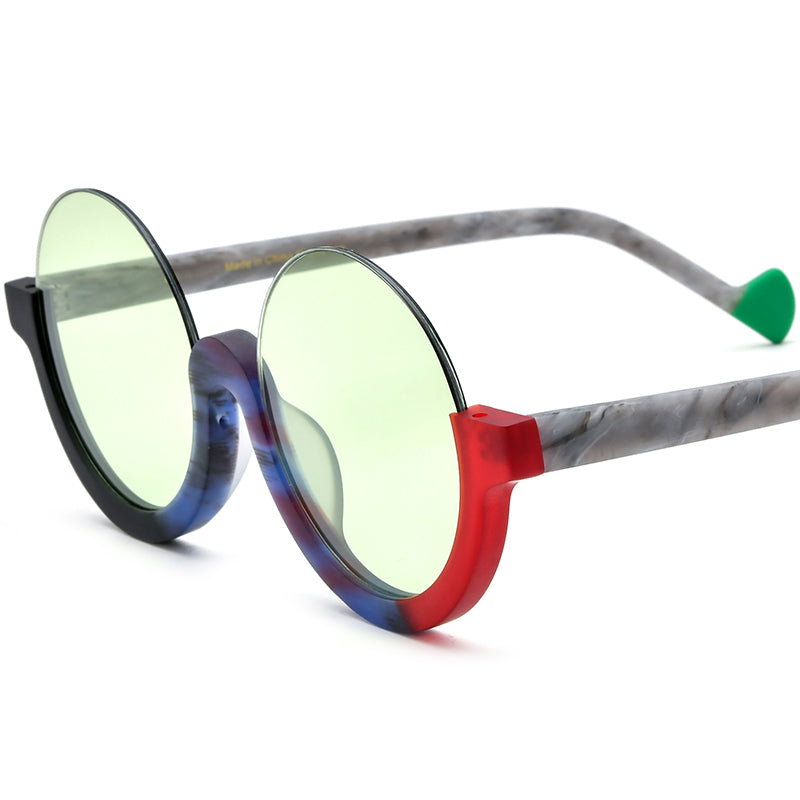 Retro Round Semi-Rimless Acetate Sunglasses - Black Red Green Lens - MCROONS