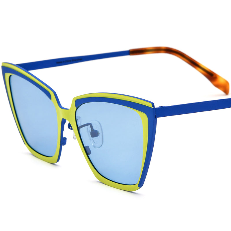 Colourful Titanium Cat Eye Polarised Sunglasses - Yellow Blue Frame Blue Lens - MCROONS
