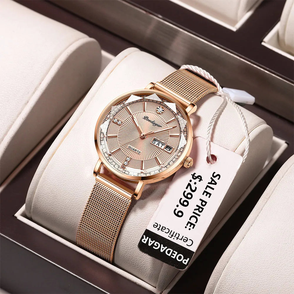 Poedagar 3013 Women's Luxury Quartz Watch – Stainless Steel Band, Waterproof, Date