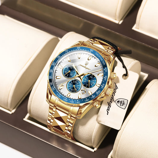 Poedagar 815 Men's Luxury Chronograph Quartz Watch – Stainless Steel Band, Waterproof, Luminous, Date