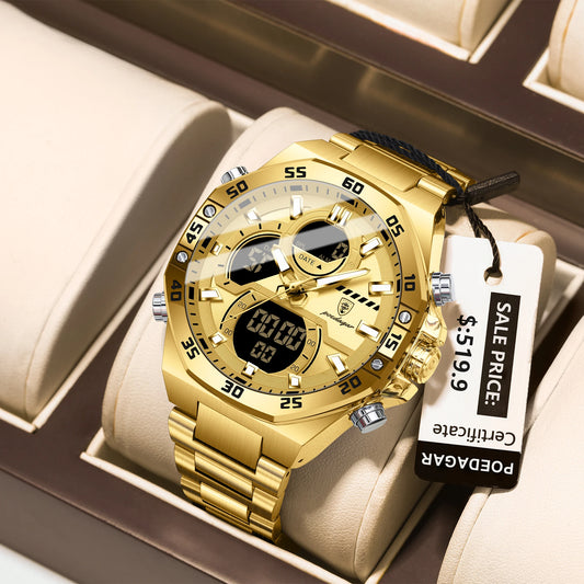 Poedagar E101 Men's Luxury Chronograph Quartz Watch – Stainless Steel Band, Waterproof, Luminous, Date
