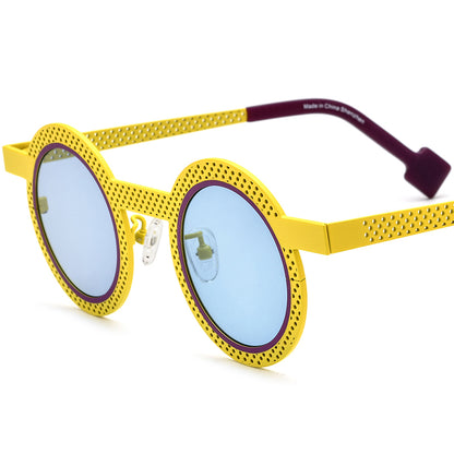 Colourful Titanium Hollow-Out Round Polarised Sunglasses - Yellow - MCROONS