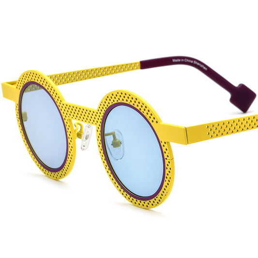 Colourful Titanium Hollow-Out Round Polarised Sunglasses - Yellow - MCROONS