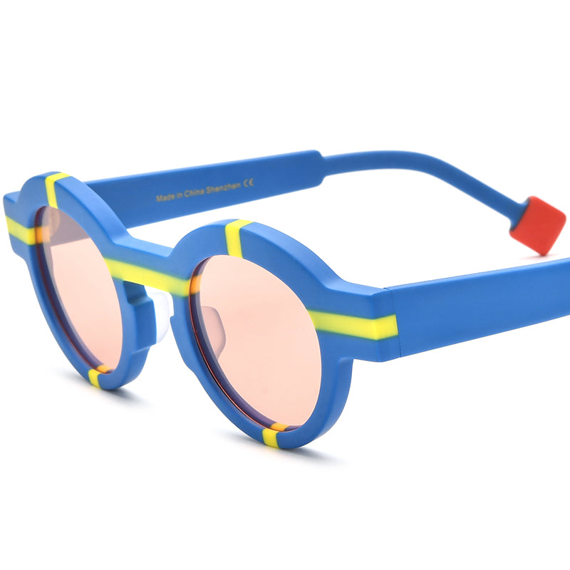 Vintage Colour-Block Round Polarized Sunglasses - Blue Pink Lens - MCROONS