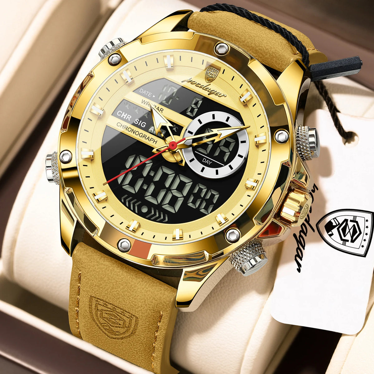 Poedagar E129 Men's Luxury Chronograph Quartz Watch – Leather Strap, Waterproof, Luminous, Date