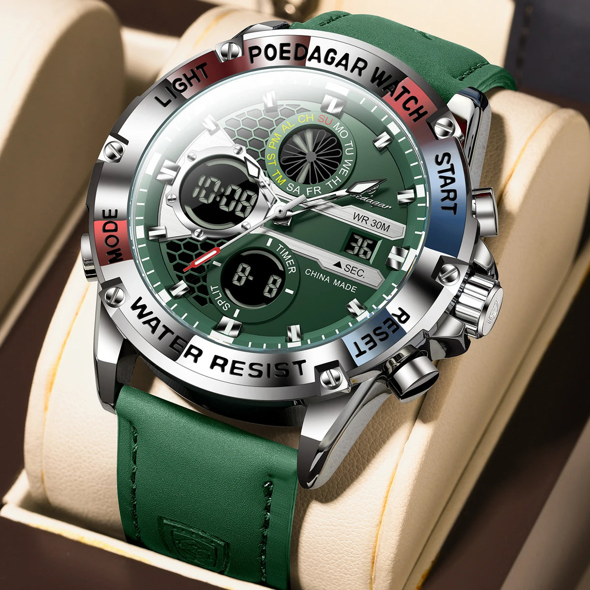 Poedagar E125 Men's Luxury Chronograph Quartz Watch – Genuine Leather Strap, Waterproof, Luminous, Date