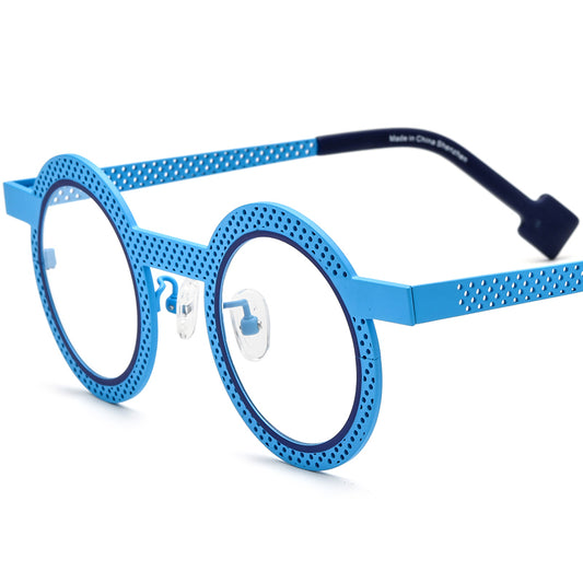 Matte Titanium Hollow-Out Round Optical Glasses Frame - Matte Blue - MCROONS