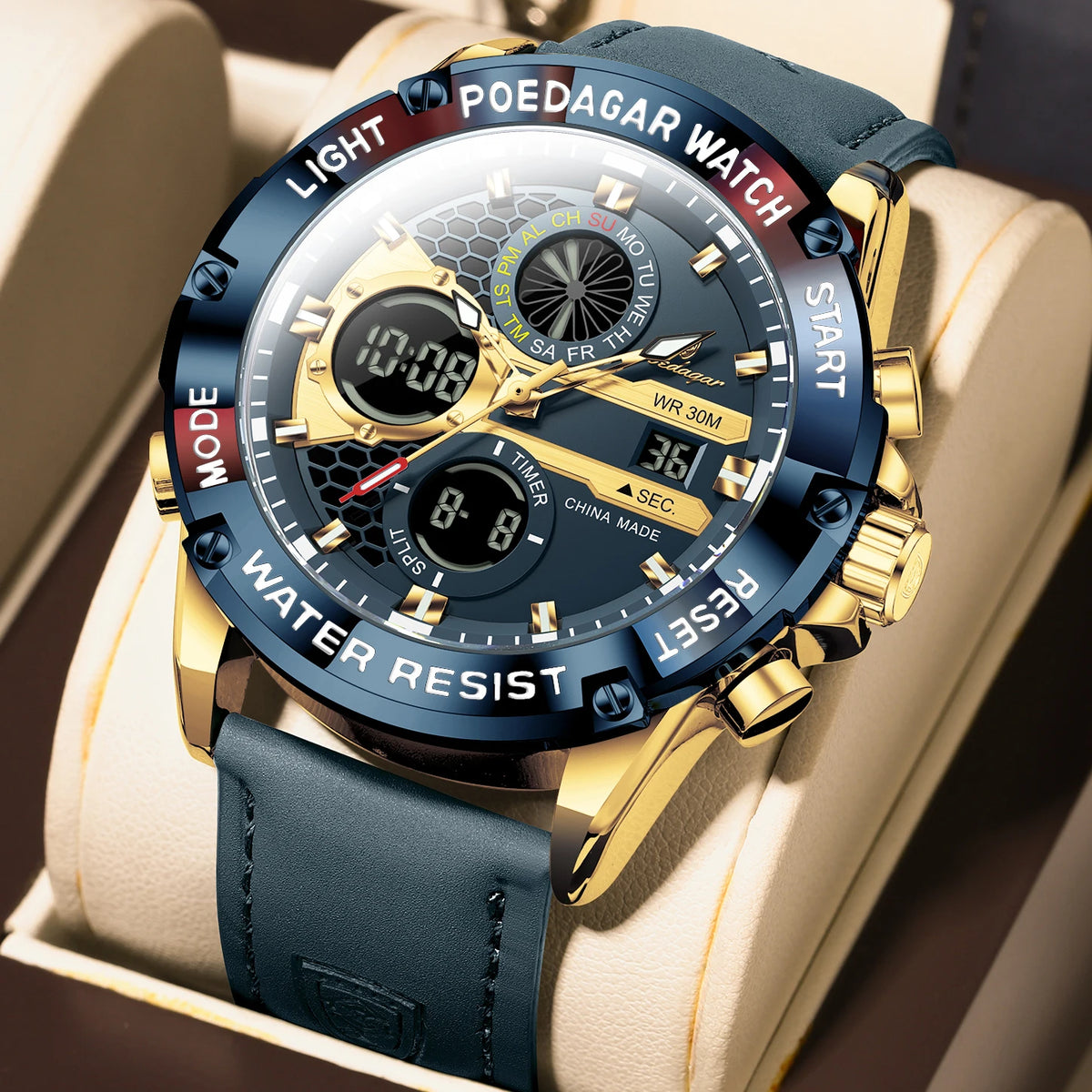 Poedagar E125 Men's Luxury Chronograph Quartz Watch – Genuine Leather Strap, Waterproof, Luminous, Date