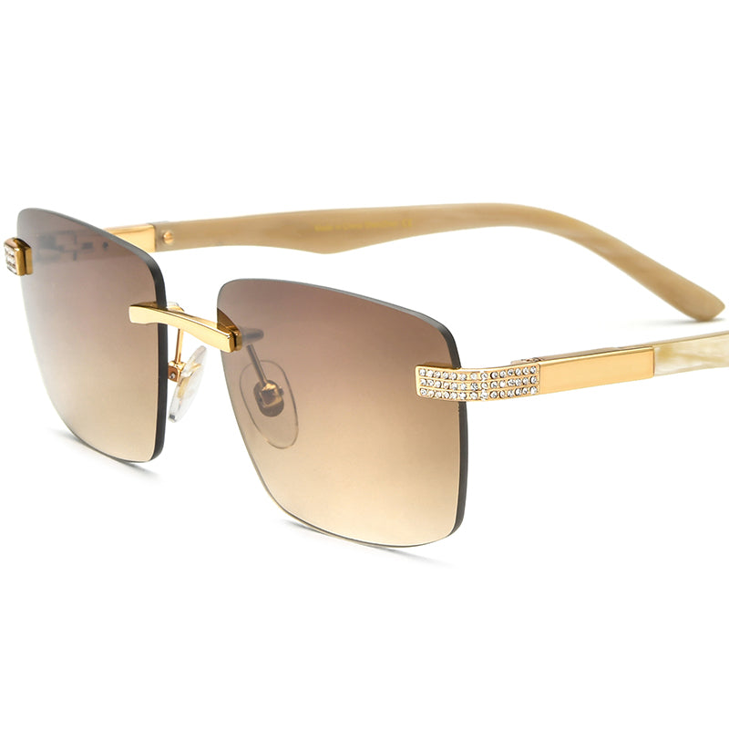Diamante Buffalo Horn Rimless Square Sunglasses - MCROONS - Tea