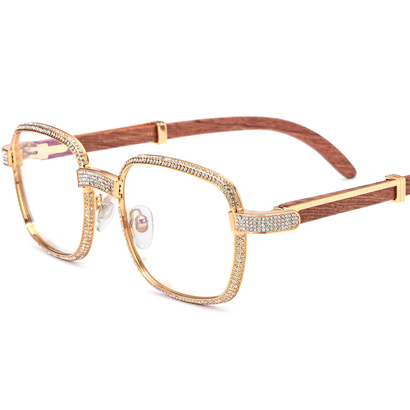 Crystal-Paved Wood Square Optical Glasses Frame - MCROONS - Wood