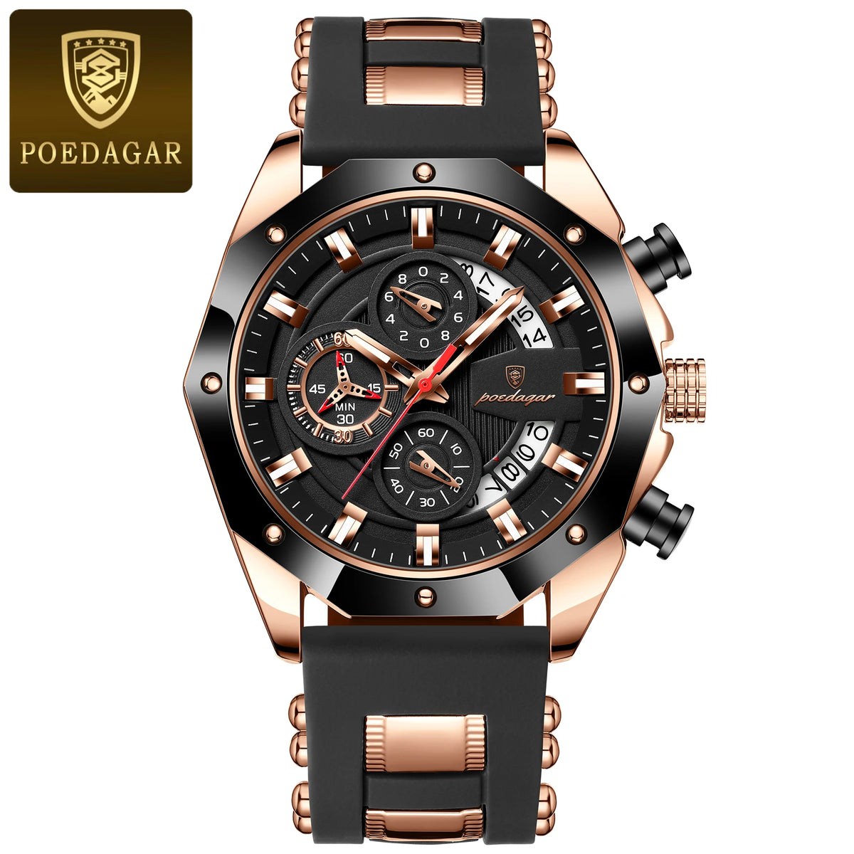 Poedagar 913 Men's Luxury Chronograph Quartz Watch – Silicone Strap, Waterproof, Luminous, Date
