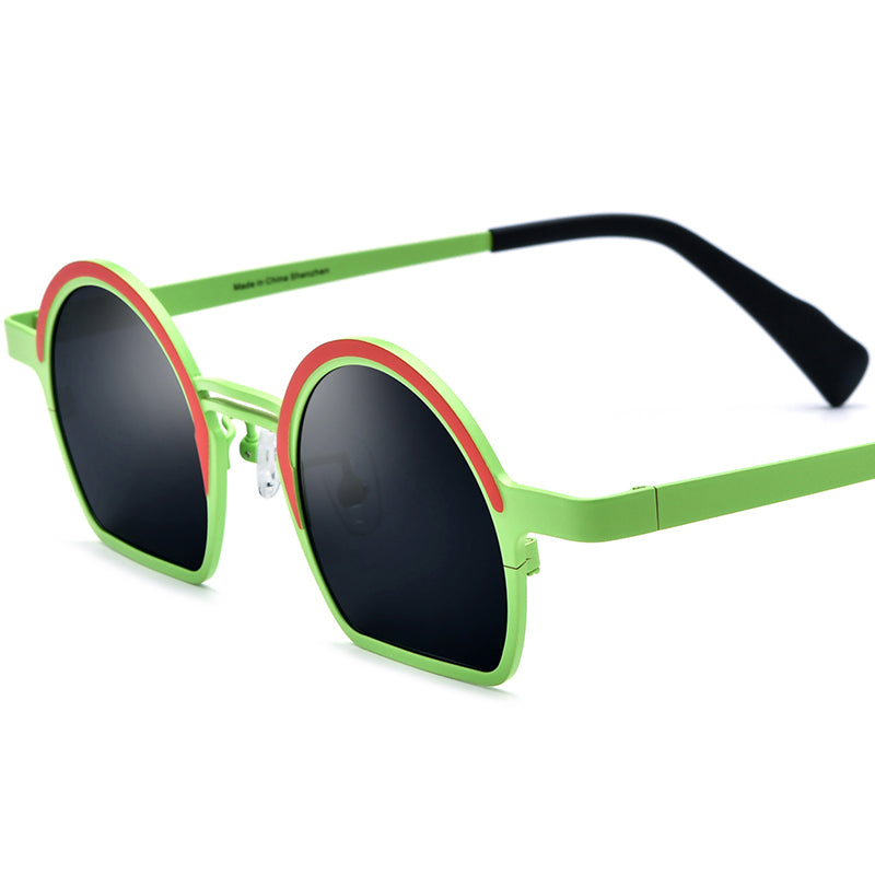 Colourful Titanium Half-Rim Round Sunglasses - Red Green Grey Lens - MCROONS