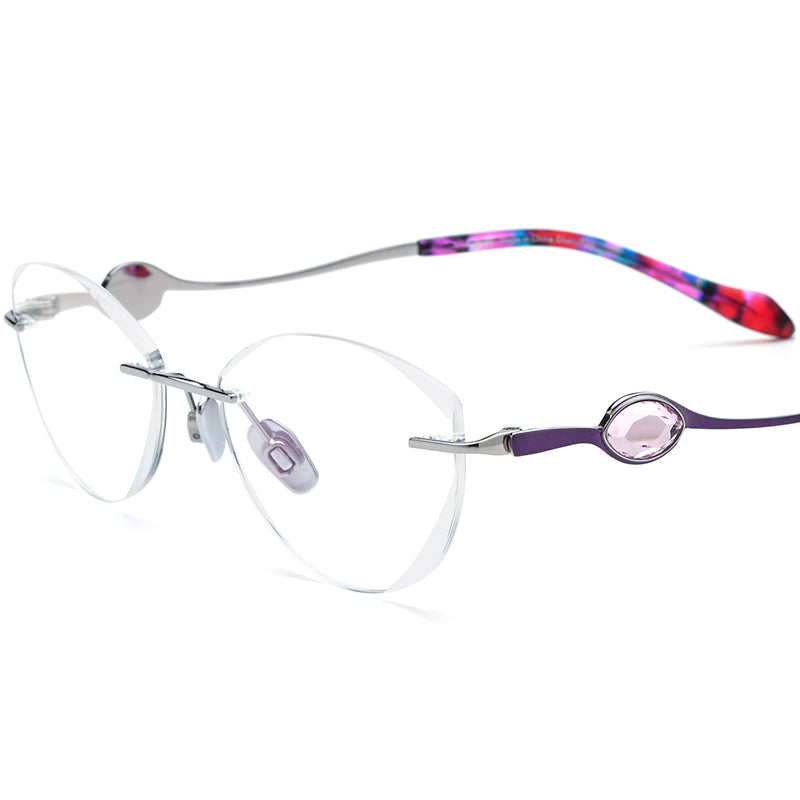 Diamond-Trim Titanium Rimless Optical Glasses - Silver Purple Frame - MCROONS