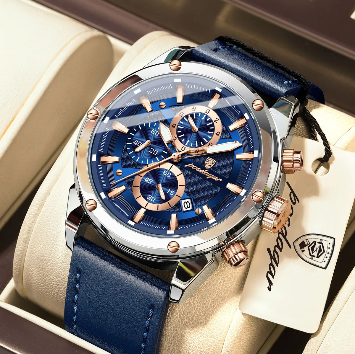 Poedagar 860 Men's Luxury Chronograph Quartz Watch – Leather Strap, Waterproof, Luminous, Date