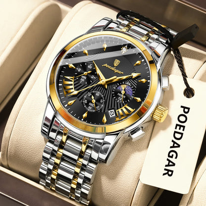Poedagar 813 Men's Luxury Chronograph Quartz Watch – Stainless Steel Band, Waterproof, Luminous, Date