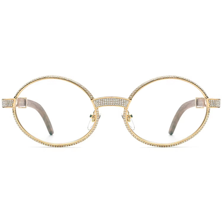Crystal-Paved Wood Round Optical Glasses Frame - MCROONS - Front View