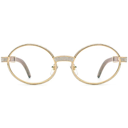 Crystal-Paved Wood Round Optical Glasses Frame - MCROONS - Front View