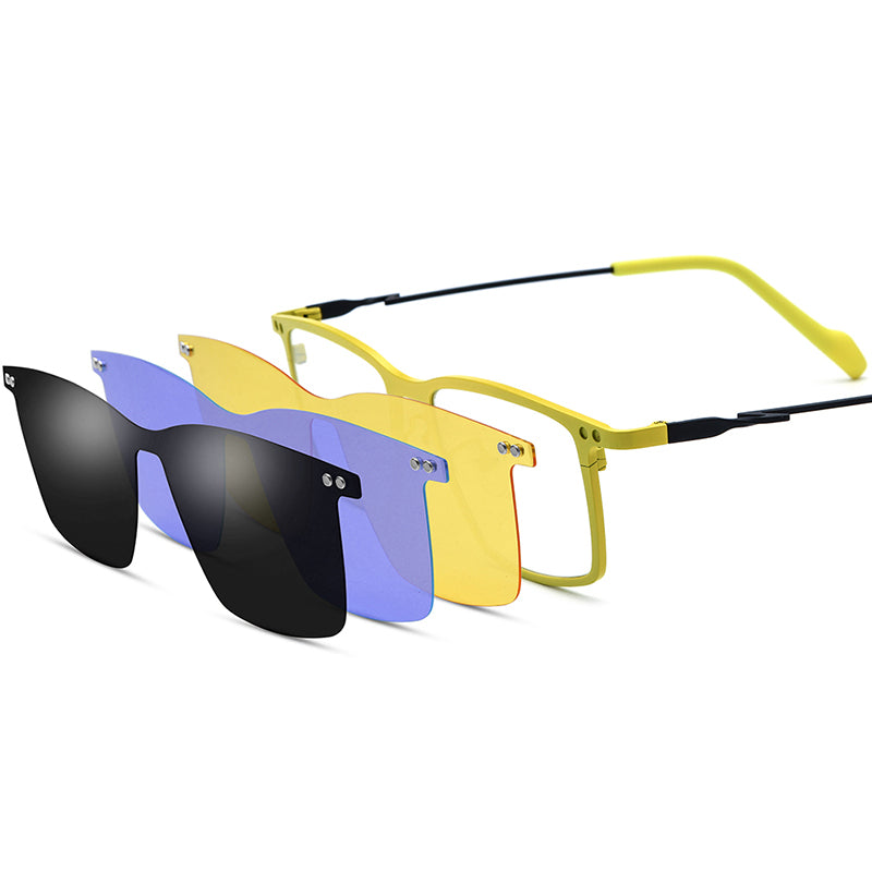 Titanium Optical Glasses Frame with Magnetic Clip-On Sunglasses - MCROONS - Yellow