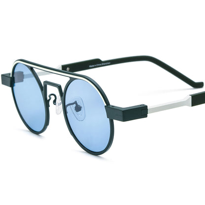 Colourful Titanium Round Polarised Sunglasses - Dark Green Blue Lens - MCROONS