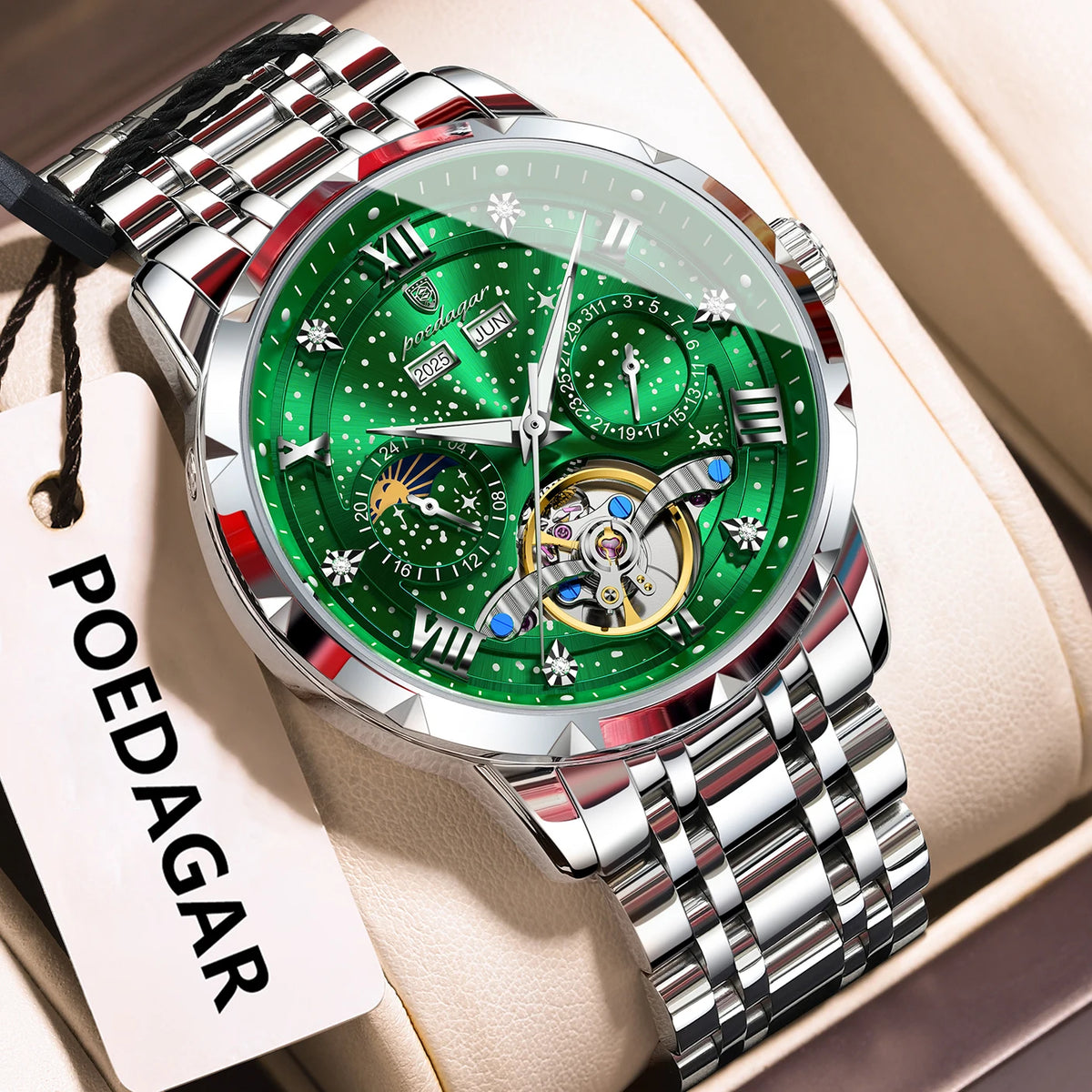 Poedagar 1420 Men's Luxury Automatic Mechanical Watch – Stainless Steel Band, Waterproof, Luminous, Date