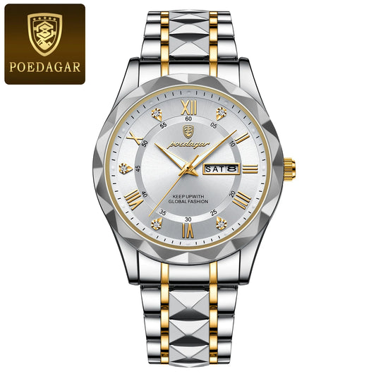 Poedagar 615 Men's Luxury Quartz Watch – Stainless Steel Band, Waterproof, Luminous, Date