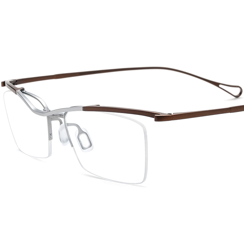 Titanium Semi-Rimless Square Optical Glasses - Silver Coffee Frame - MCROONS