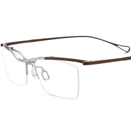Titanium Semi-Rimless Square Optical Glasses - Silver Coffee Frame - MCROONS