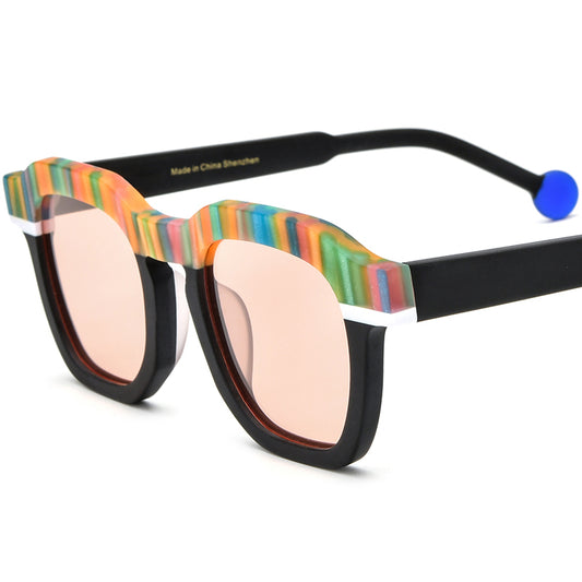 Vintage Square Matte Acetate Polarized Sunglasses UV400 - Black Pink Lens - MCROONS